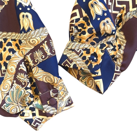 Vintage 80’s Baroque Animal Print Scarf Blouse Gold & Navy Opulent Abstract 14 - Picture 14 of 14